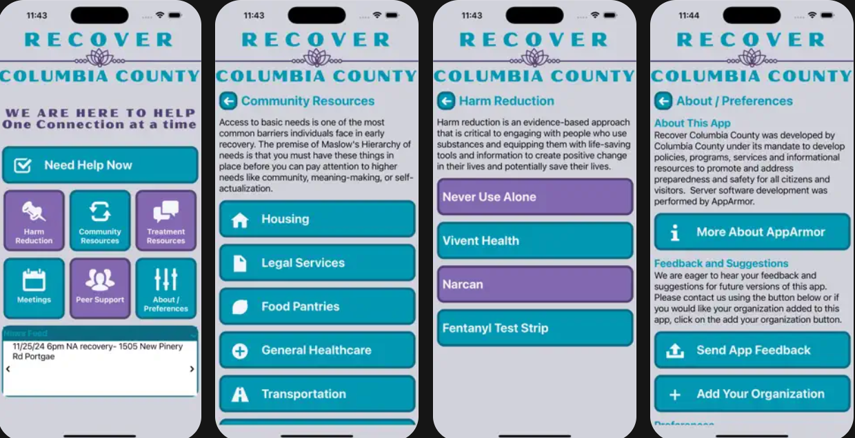  Four screen shots of the Recover Columbia County App