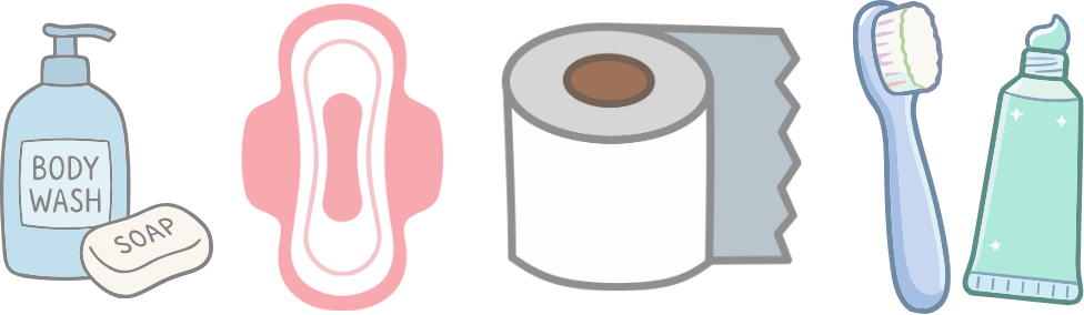 clip art image of body wash and soap, feminine hygiene pad, toilet paper role, toothbrush and toothpaste 